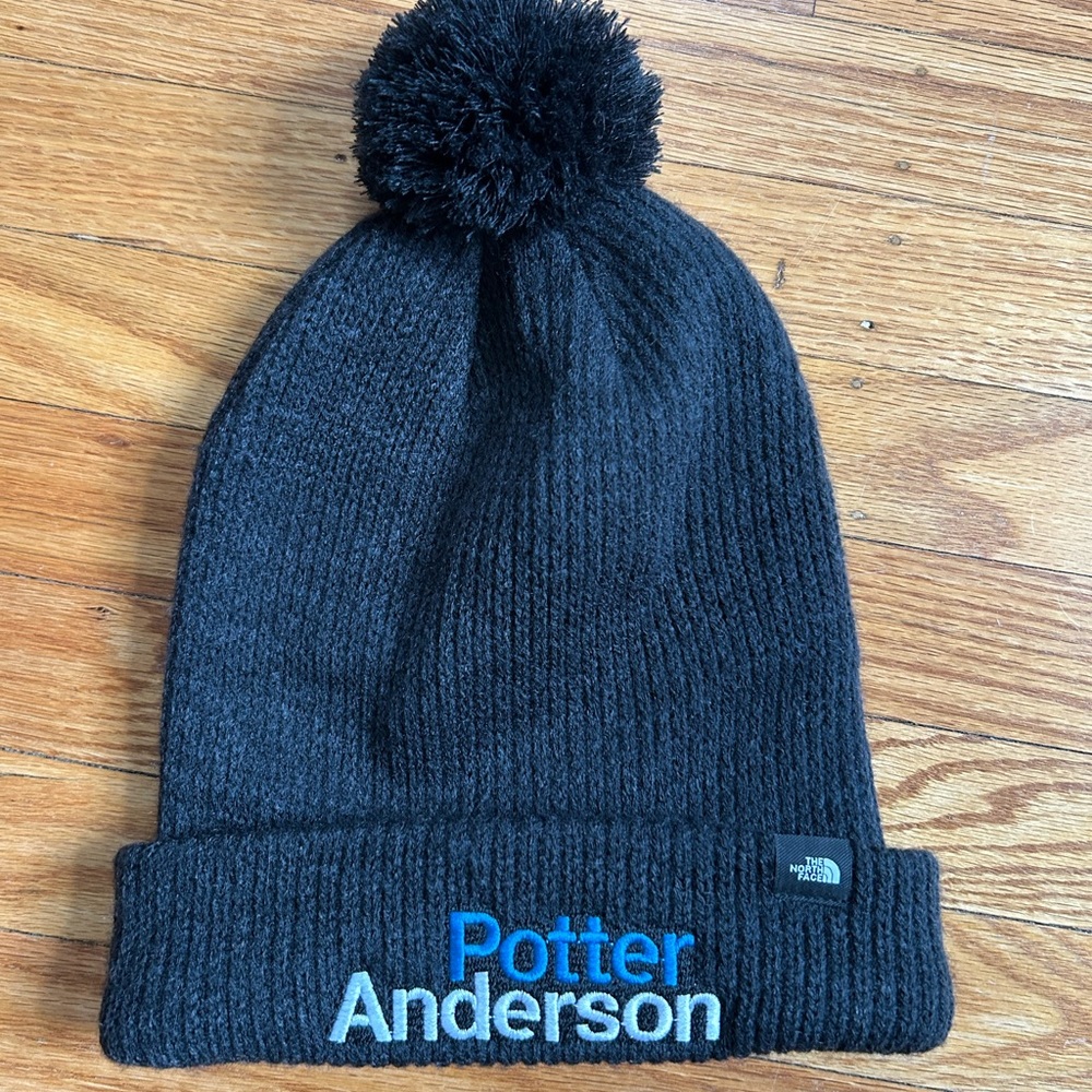 The North Face Black Beanie with Blue Text